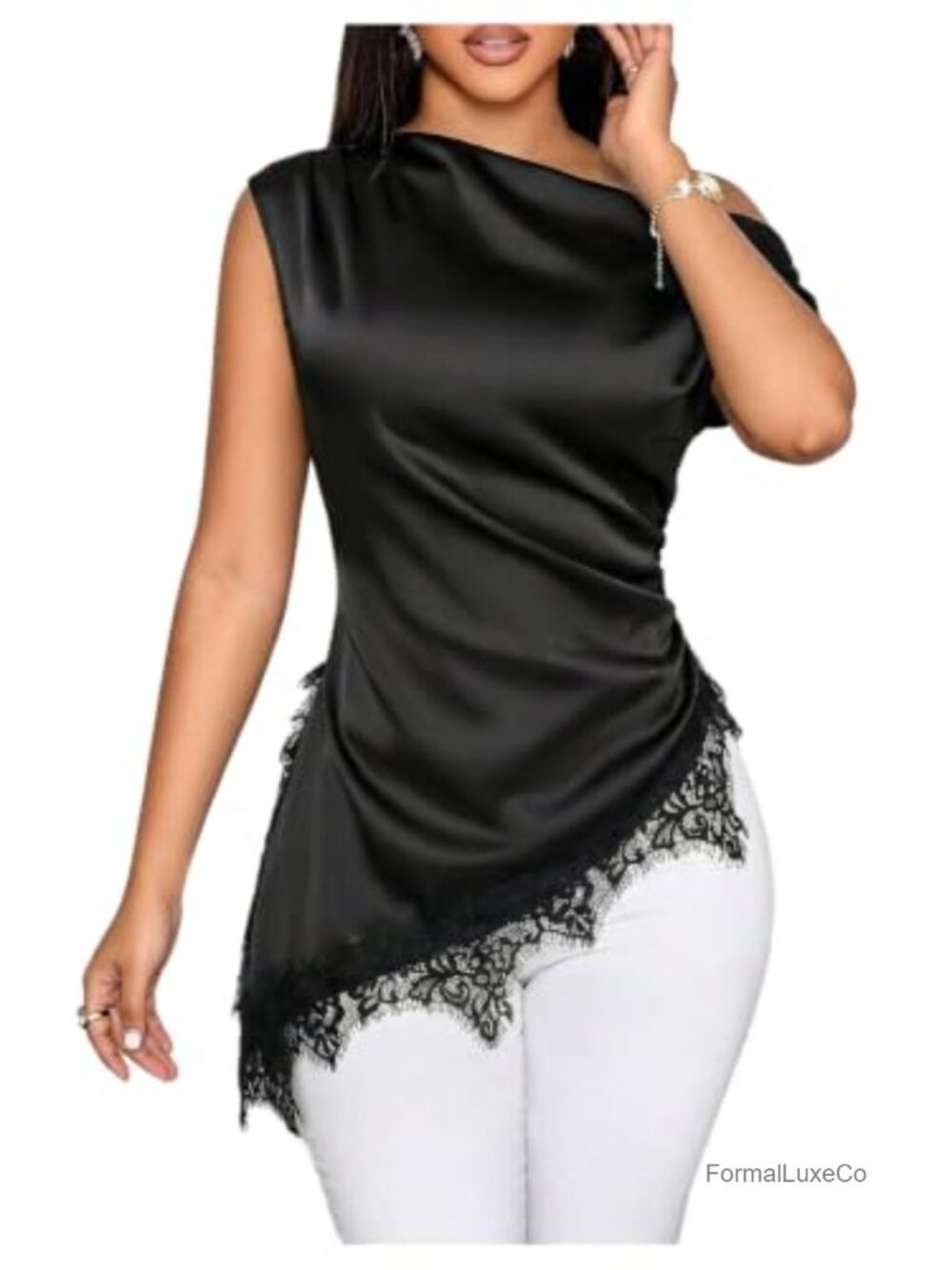 One Shoulder Satin Blouse with Lace Trim Ruched Asymmetrical Dressy Top